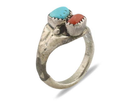 Zuni Ring .925 Silver Natural Turquoise & Coral Native American Artist C.1980's