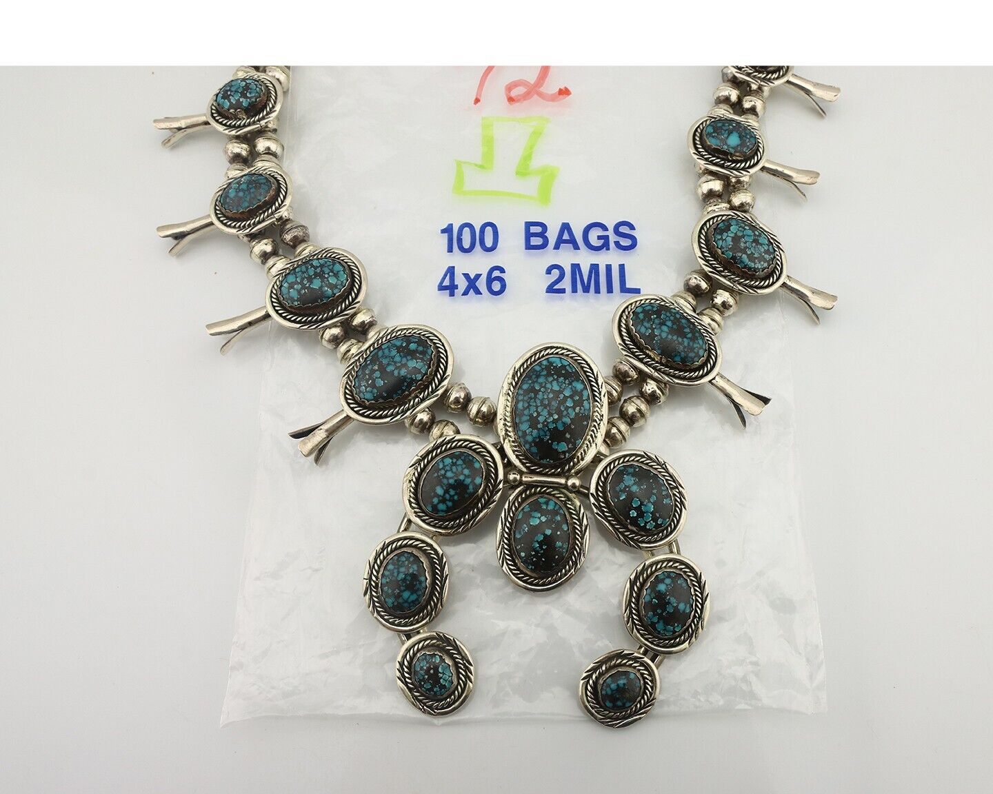 Navajo Necklace 925 Silver Blue Spiderweb Turquoise Signed Platerofne C.80's