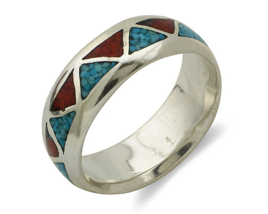 Navajo Chip Inlay Ring 925 Silver Sleeping Beauty Turquoise & Coral Silver Cloud