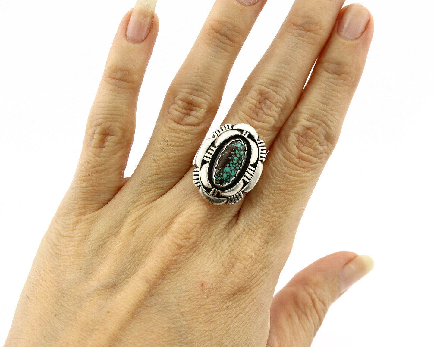 Navajo Ring .925 Silver Spiderweb Turquoise Artist Signed L. M. Nez C80s