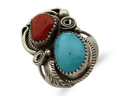 Navajo Ring 925 Silver Blue Turquiose & Coral Artist Signed Justin Morris C.80's