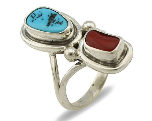 Navajo Ring .925 Silver Blue Turquoise & Red Coral Native American Artist C.80's