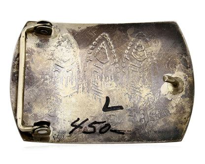 Navajo Sand Cast Belt Buckle .925 Silver Hand Stamped Artist Signed AA C.80's