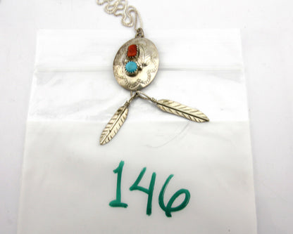 Navajo Pendant .925 Silver Turquoise & Coral Artist Signed ES C.80's