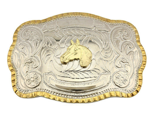 Engravable Large Country Horse Belt Buckle .999 Nickle Silver Gold Trim C.80's