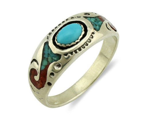 Navajo Handmade Ring 925 Silver Blue Turquoise & Coral Native American C.80's