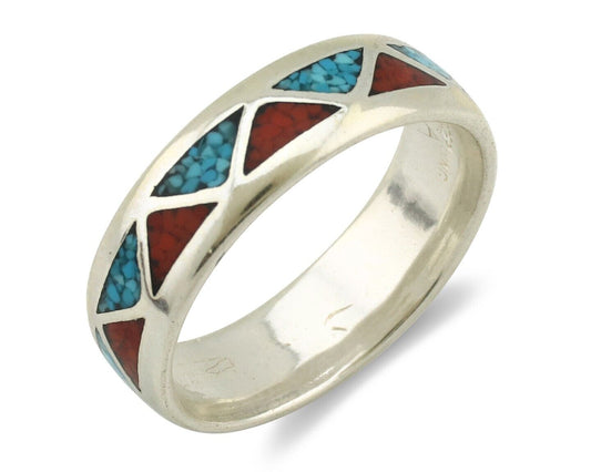 Navajo Ring 925 Silver Natural Turquoise & Coral Native American Artist C.80's