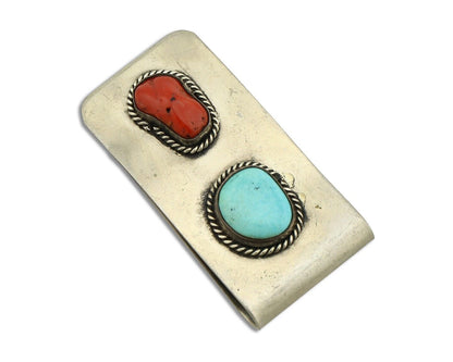 Navajo Money Clip 925 Silver & 999 Nickel Natural Turquoise & Coral Artist C80
