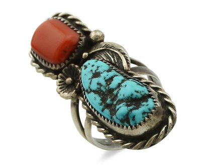 Navajo Ring .925 Silver Turquoise & Coral Native American Artist C.1980's