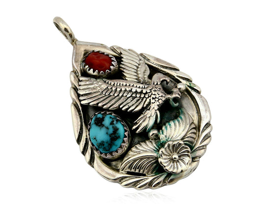 Navajo Pendant .925 Silver Coral & Turquoise Artist Native C.80's