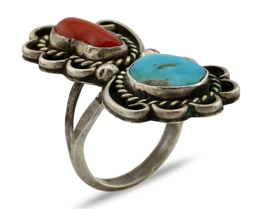 Navajo Ring 925 Silver Blue Turquiose & Mediterranean Coral Native Artist C.80's