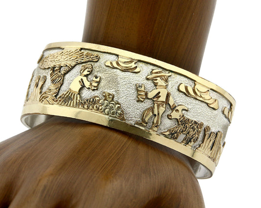 Navajo Bracelet Pictograph Landscape SOLID .925 Silver & 12K GF Artist Signed B