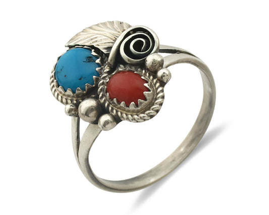 Navajo Ring .925 Silver Morenci Turquoise & Coral Native Artist Signed JM C.80's