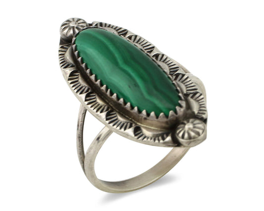 Navajo Ring 925 Silver Natural Malachite Artist Native American Signed H C.80's