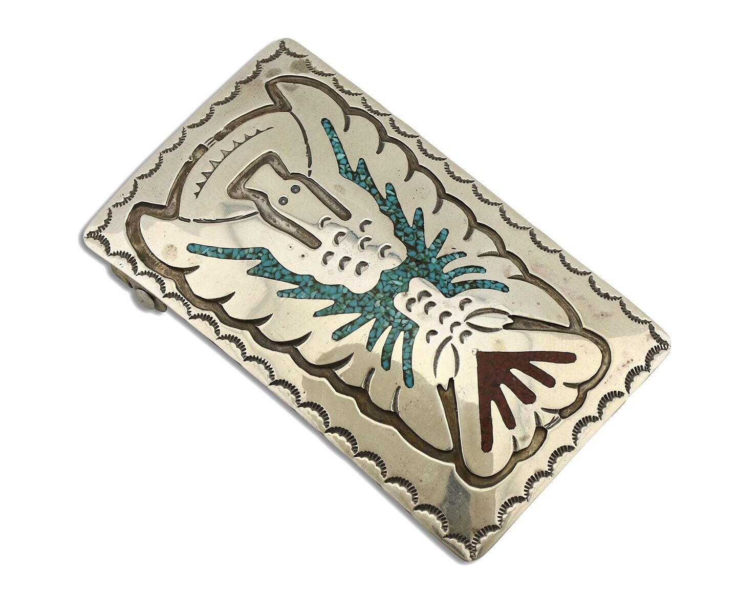 Navajo Belt Buckle 925 Silver Handmade Chip Inlay Artist Signed Begay C.80s
