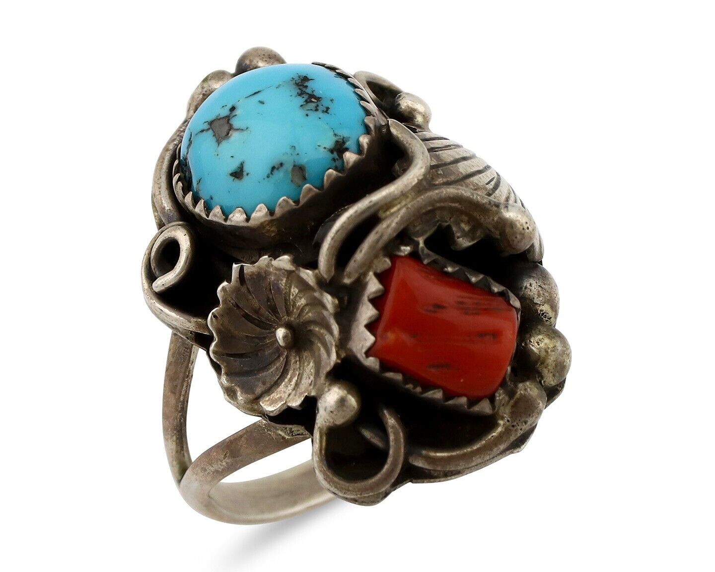 Navajo Handmade Ring 925 Silver Turquiose & Coral Artist Signed M C.80's