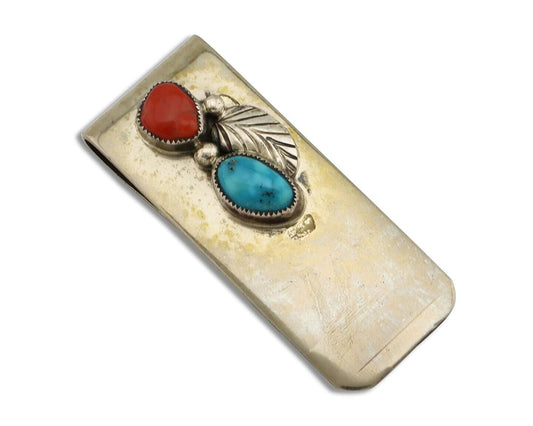 Navajo Money Clip 925 Silver 999 Nickel Coral Turquoise Artist Signed Reeves C80