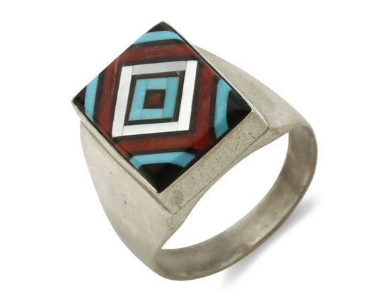 Zuni Inlaid Ring .925 Silver Gemstone Artist Varden Vacit C.1980's