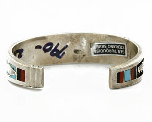 C. 1980's Zuni Inlaid Gemstone .925 Silver Handmade Cuff Bracelet