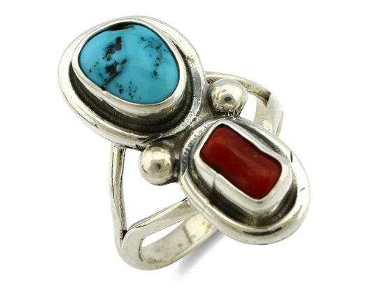 Navajo Ring .925 Silver Red Coral & Blue Turquoise Native Artist C.80's