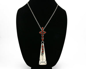 Women's Navajo Necklace .925 Silver Mediterranean Coral Pendant Signed