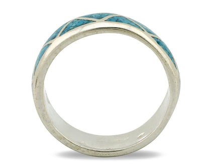 Navajo Chip Inlay Ring 925 Silver Sleeping Beauty Turquoise Artist Silver Cloud