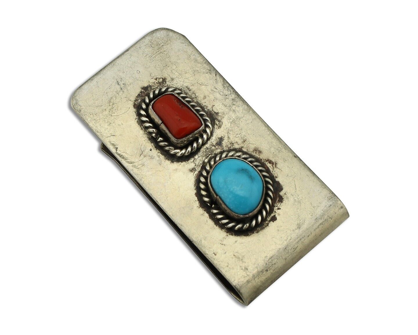 Navajo Money Clip 925 Silver & 999 Nickel Natural Turquoise & Coral Artist C80