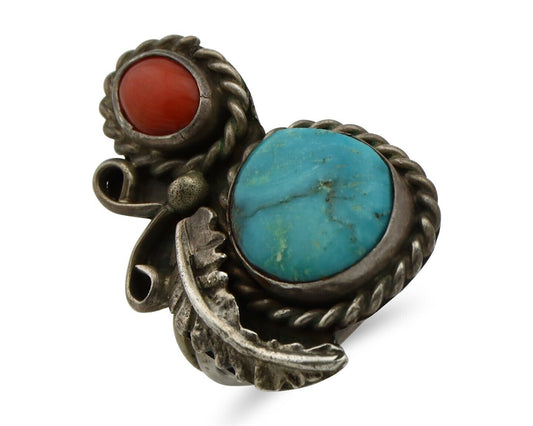 Navajo Handmade Ring 925 Silver Turquiose & Coral Native American Artist C.80's