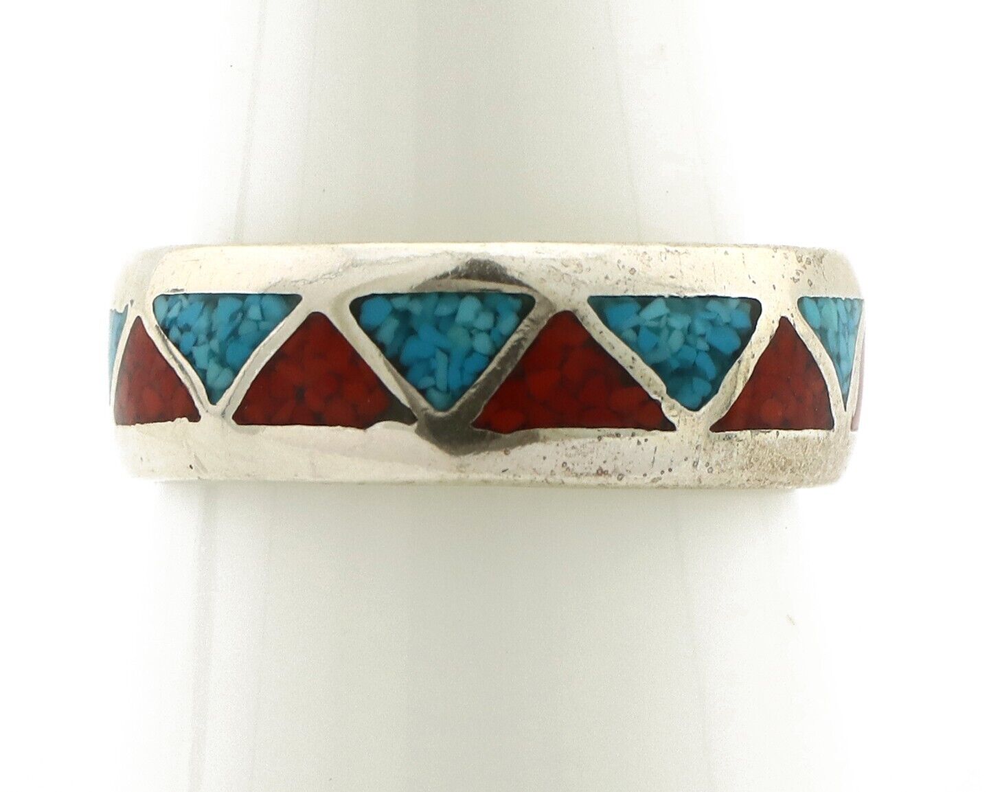 Navajo Chip Inlay Ring 925 Silver Sleeping Beauty Turquoise & Coral Silver Cloud