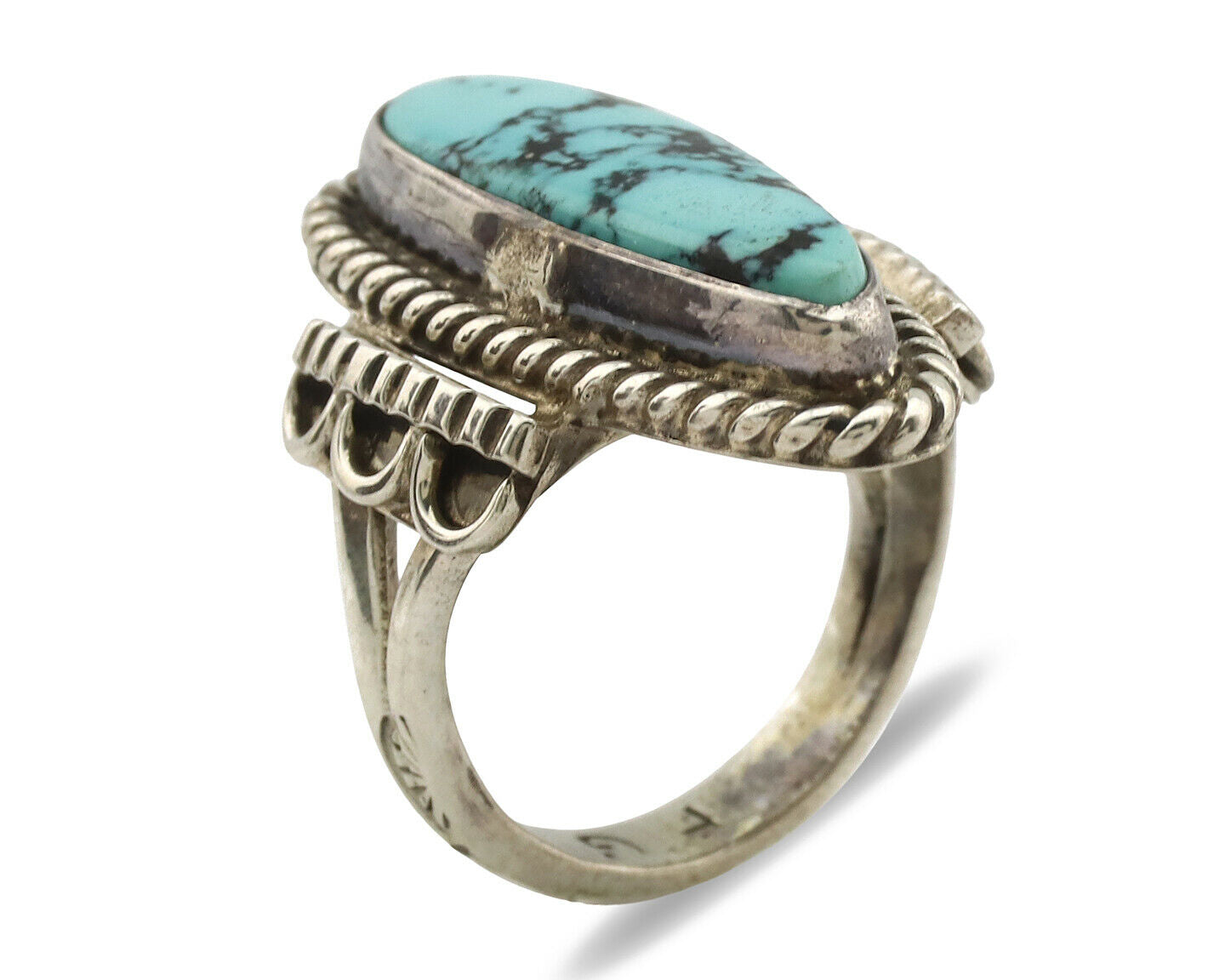 Navajo Ring .925 Silver Blue Spiderweb Turquoise Signed Fred Guerrero C.1980's