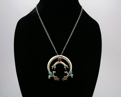 Navajo Necklace .925 Silver Natural Red Coral Turquoise Artist Native C.80's