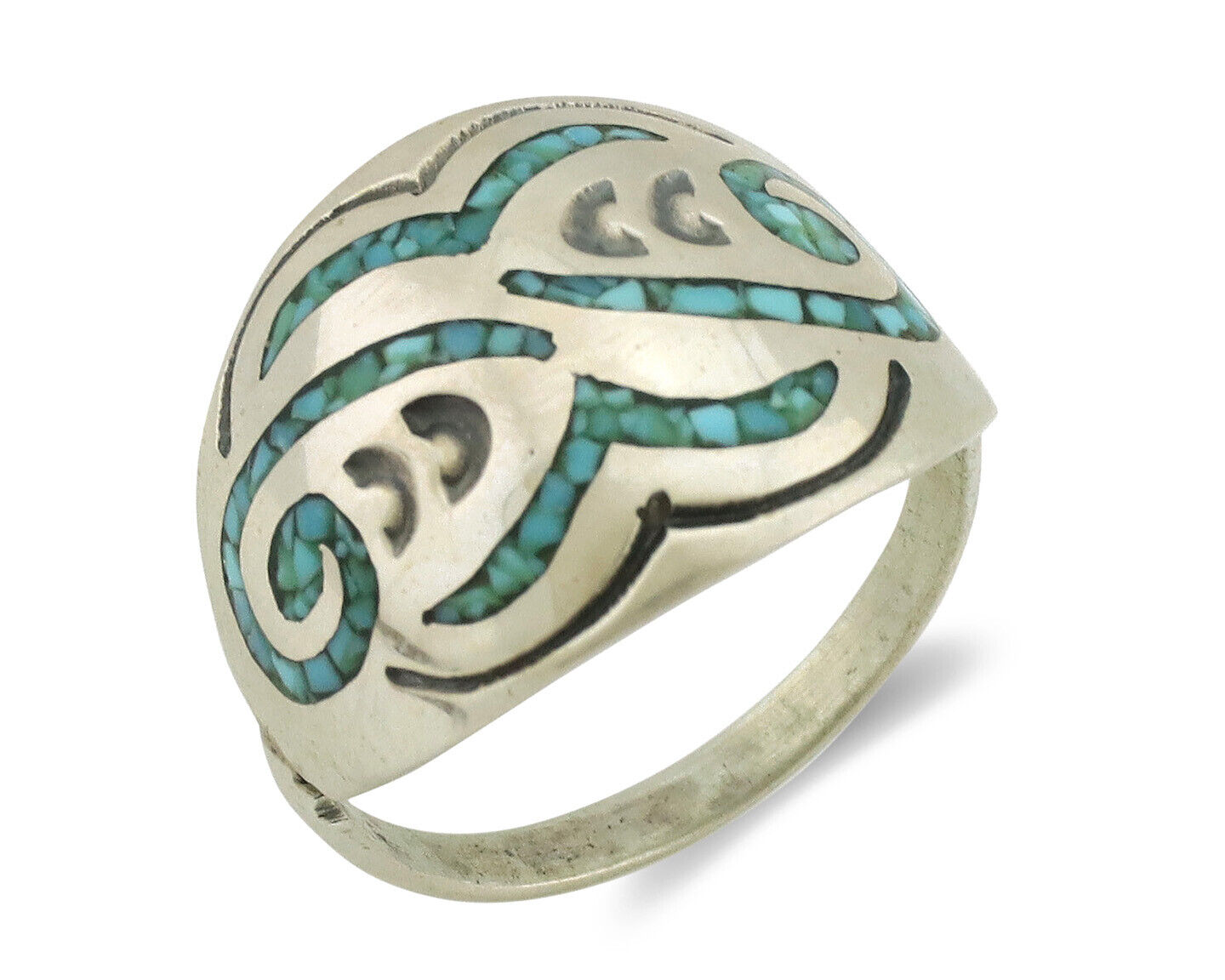 Navajo Ring 925 Silver Chip Inlay Turquoise Artist Signed Thomas Singer C.80's