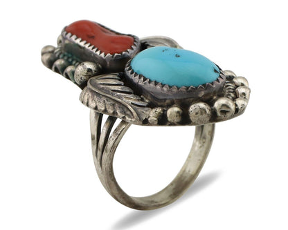 Navajo Ring 925 Silver Blue Turquoise & Coral Signed Stanley Bain C.80's