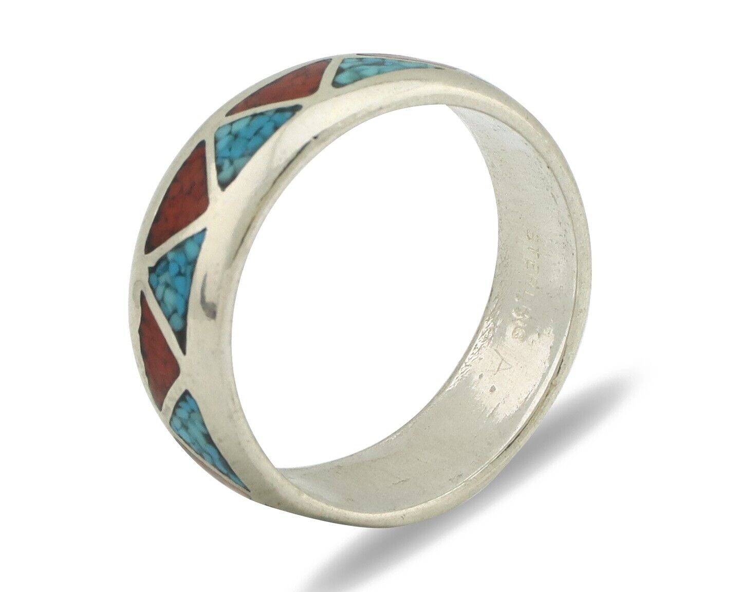 Navajo Ring 925 Silver Natural Turquoise & Coral Native American Artist C.80's