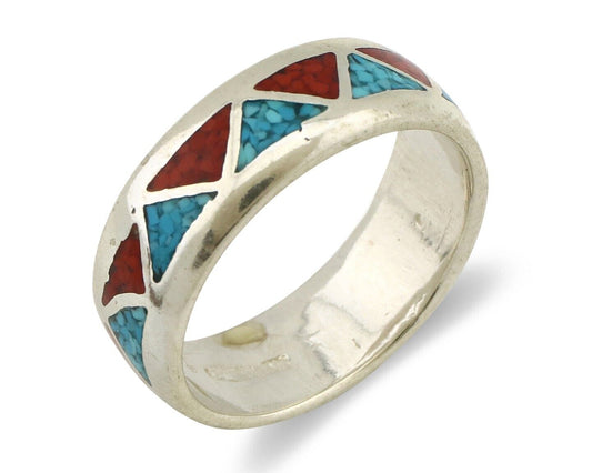 Navajo Chip Inlay Ring 925 Silver Sleeping Beauty Turquoise & Coral Silver Cloud