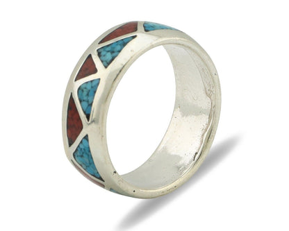 Navajo Ring 925 Silver Natural Turquoise & Coral Native American Artist C.80's
