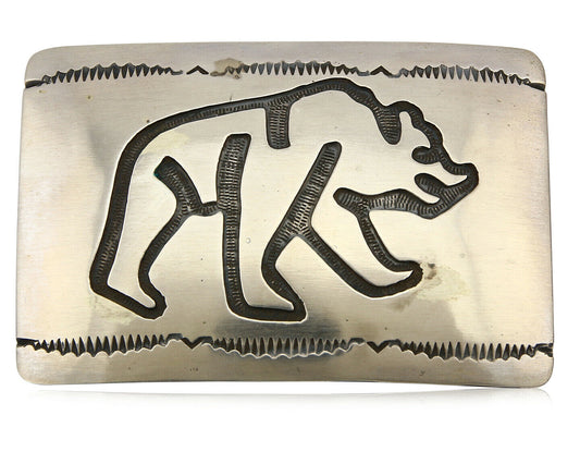 Navajo Belt Buckle .925 Silver Hand Stamped Overlay Signed T Arrow C.80's