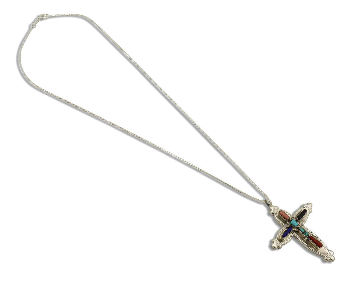 Zuni Handmade Cross Necklace 925 Silver Natural Gemstone Signed E Kaskalla C.80s