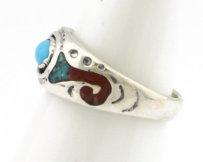 Navajo Handmade Ring 925 Silver Blue Turquoise & Coral Native American Artist