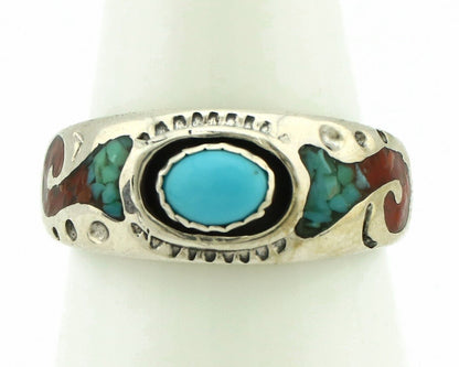 Navajo Handmade Ring 925 Silver Blue Turquoise & Coral Native American C.80's