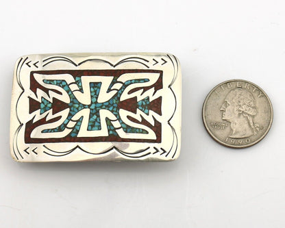 Navajo Belt Buckle 925 Silver Handmade Chip Inlay Native American Artist C.80s