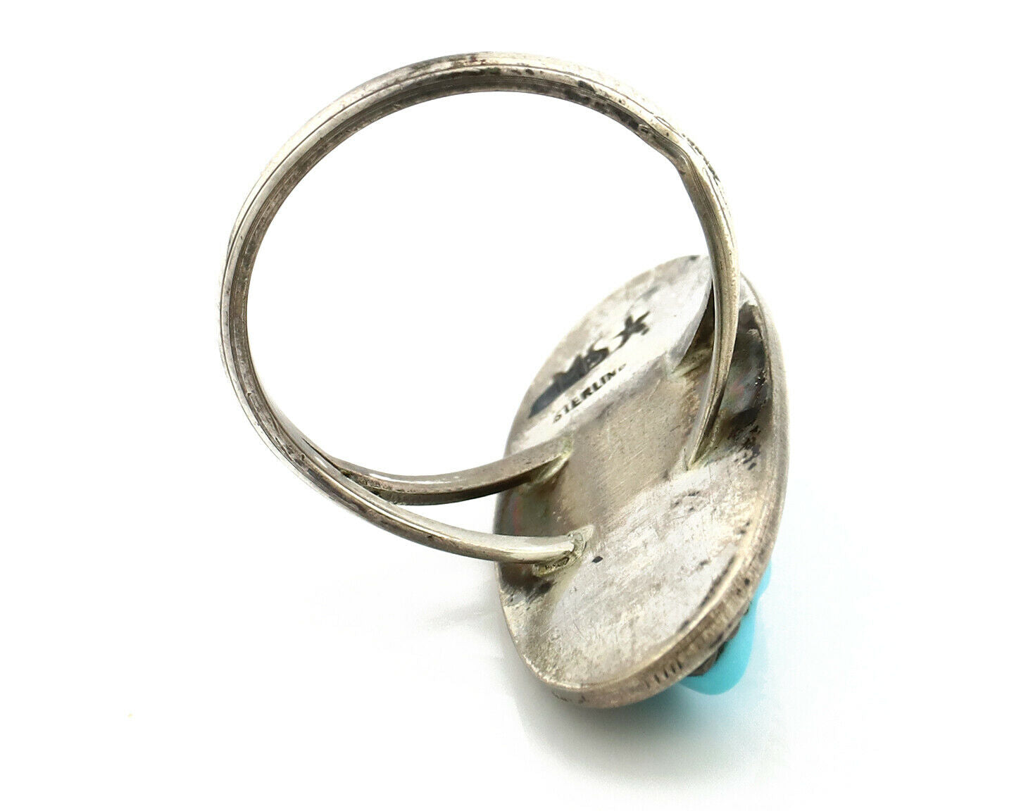 Zuni Ring .925 Silver Natural Hand Carved Turquoise Signed MS C.80's