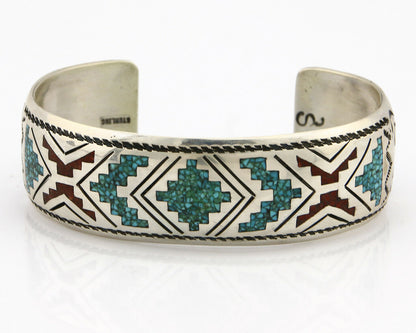 Navajo Bracelet .925 Silver Turquoise & Coral Cuff Signed Stanley Bain C.80's