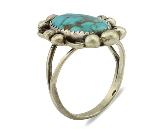 Navajo Ring .925 Silver Blue Spiderweb Turquoise Artist Signed Talhat C.90's