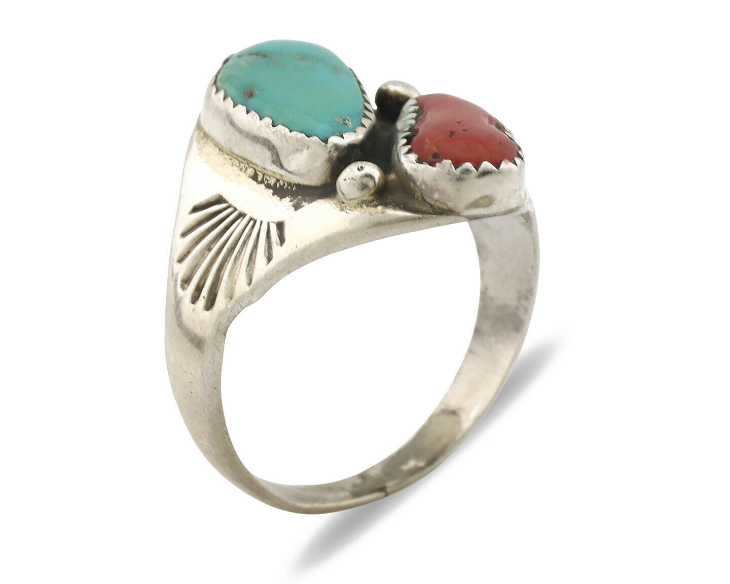 Zuni Ring .925 Silver Natural Turquoise & Coral Native American Artist C.1980's