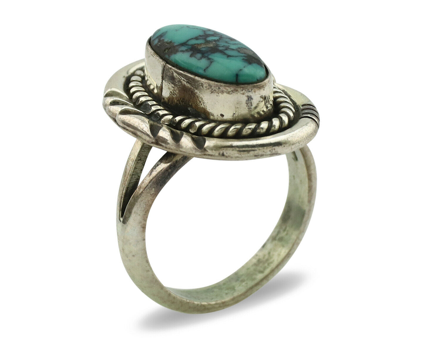 Navajo Ring .925 Silver Spiderweb Turquoise Artist Signed B C.1980's