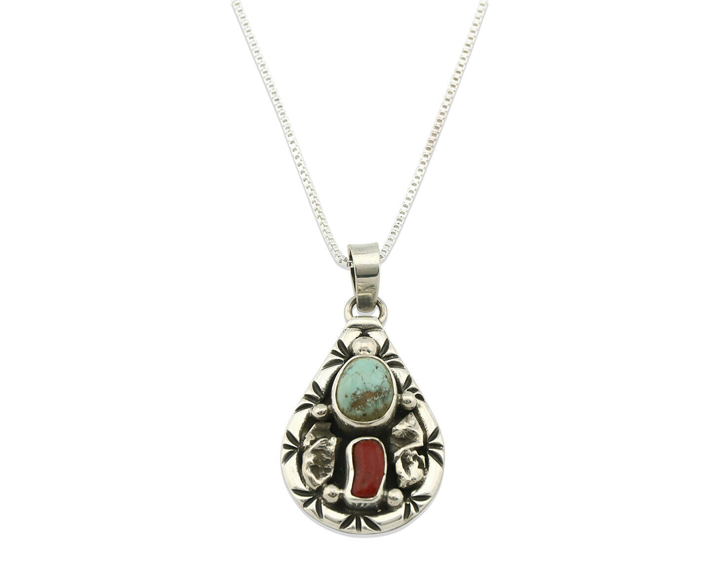 Navajo Necklace .925 Silver Natural Blue Turquoise & Coral Tipi Artist C.80's