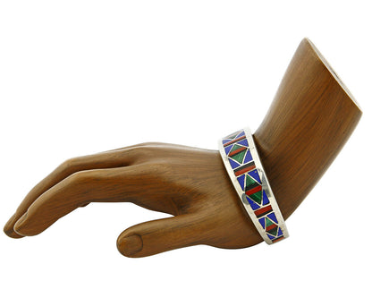 C. 1980's Zuni Inlaid Natural Gemstone .925 Silver Cuff Bracelet