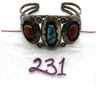 Navajo Bracelet .925 Silver Turquoise & Coral Old Pawn Native American Cuff C80s