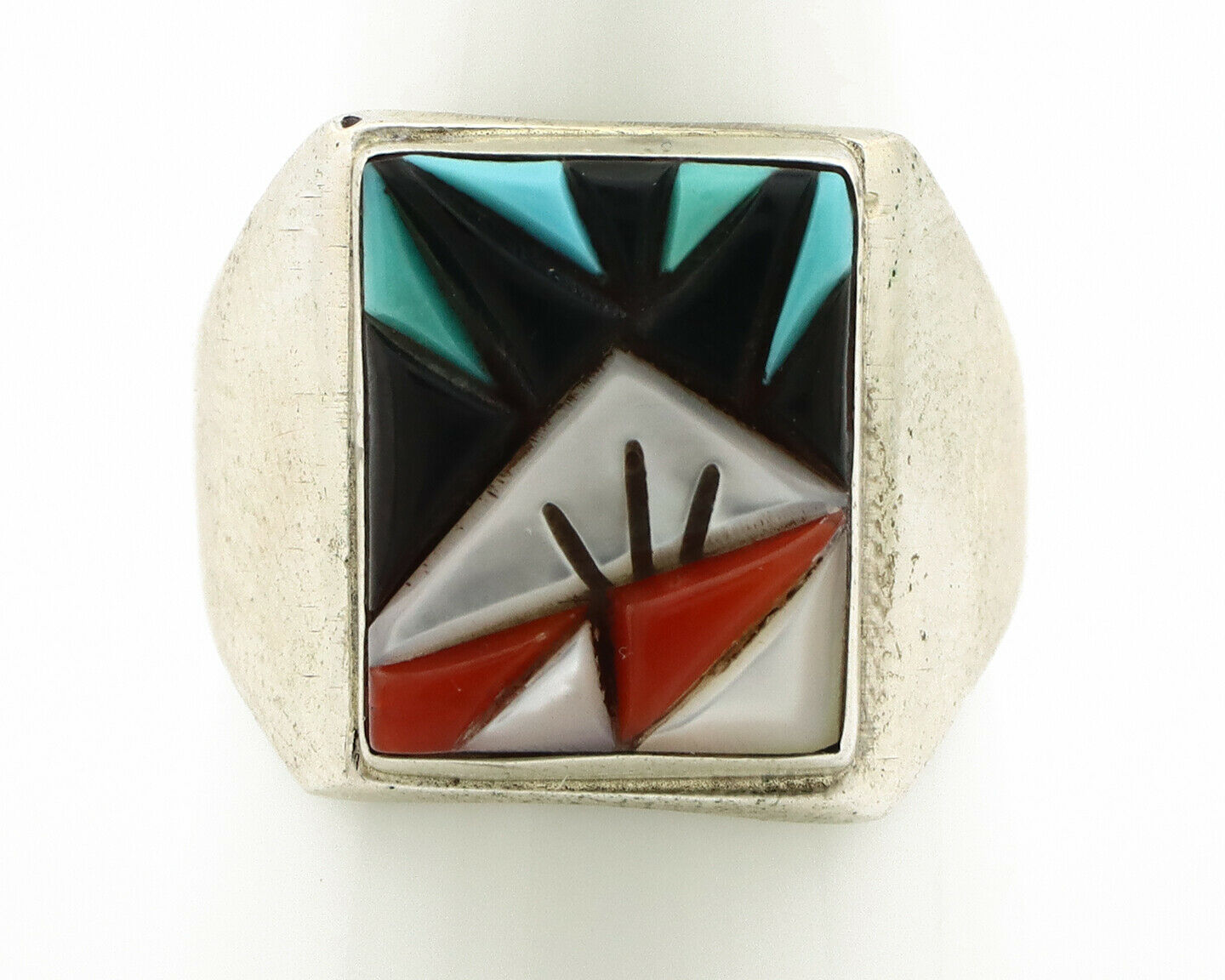 Zuni Ring .925 Silver Inlaid Gemstones Handmade Signed Artist LGL C.80's